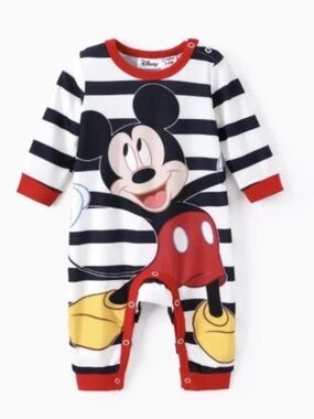 Disney Red, Black, White Mickey Mouse Striped Baby One-Piece Jumpsuit Size 9-12M